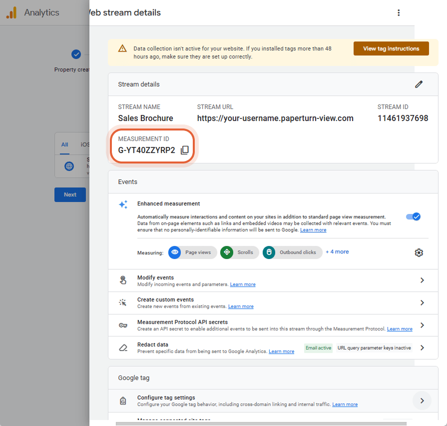 Web stream details screen in GA4 showing the Measurement ID 