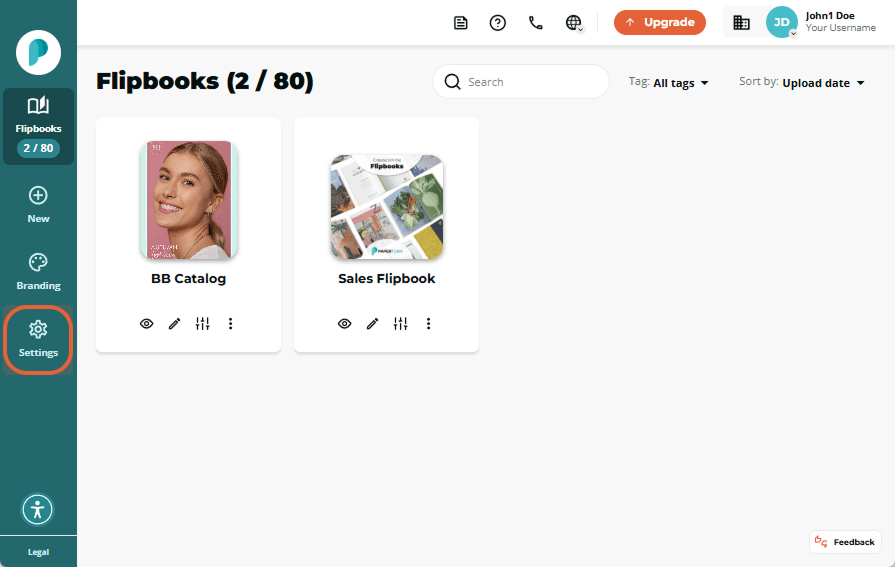 The Flipbooks dashboard with the Settings tab highlighted in the left-hand menu.