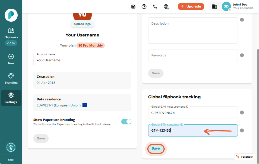 The Settings page showing account name, data residency, and global tracking options, with the GTM co