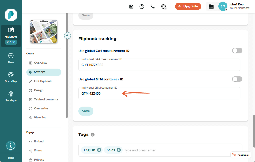 Settings page of Paperturn interface showing Flipbook tracking section with toggles and input fields