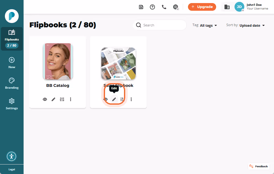Edit icon highlighted below the flipbook cover titled “Sales Flipbook” in the dashboard view.