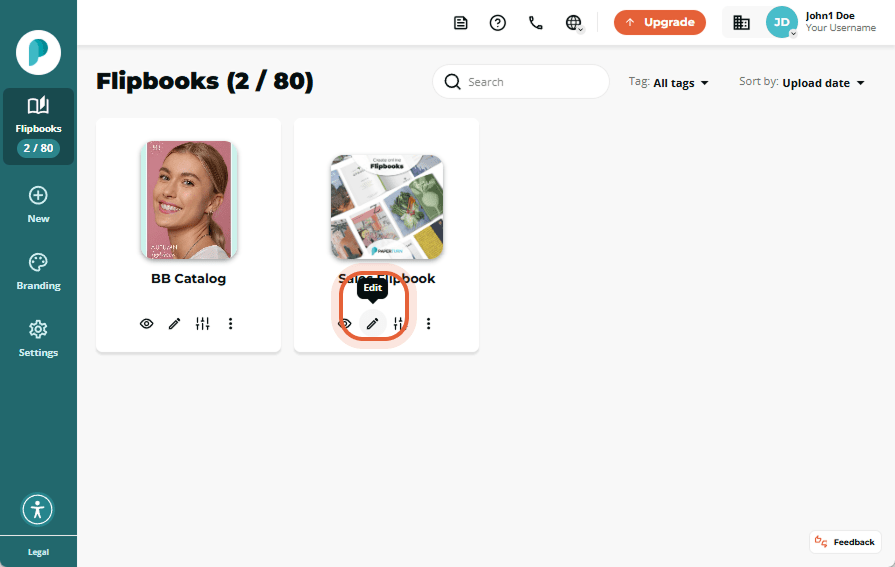 Edit icon highlighted below the flipbook cover titled “Sales Flipbook” in the dashboard view.