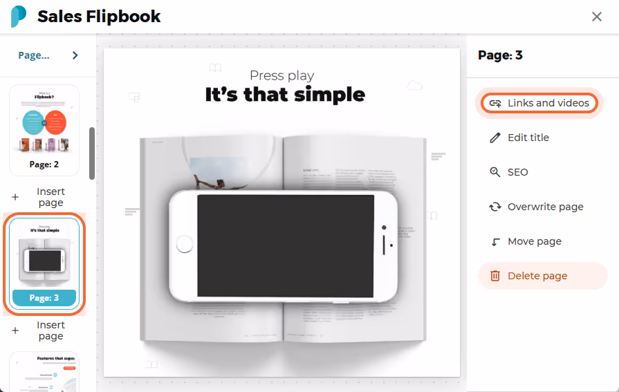 Page 3 of the flipbook selected with “Links and videos” button highlighted in the page settings menu
