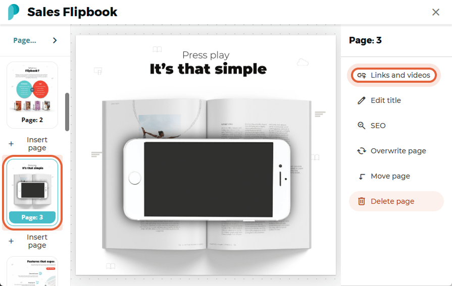 Page 3 of the flipbook selected with “Links and videos” button highlighted in the page settings menu