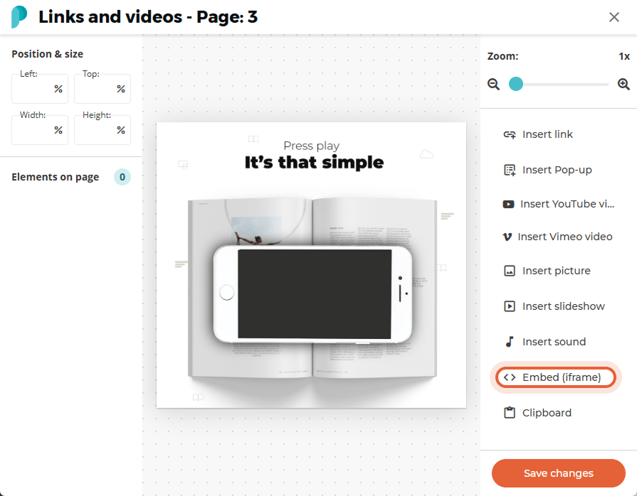 “Embed (iframe)” option selected from the insert options on the right while viewing the page.