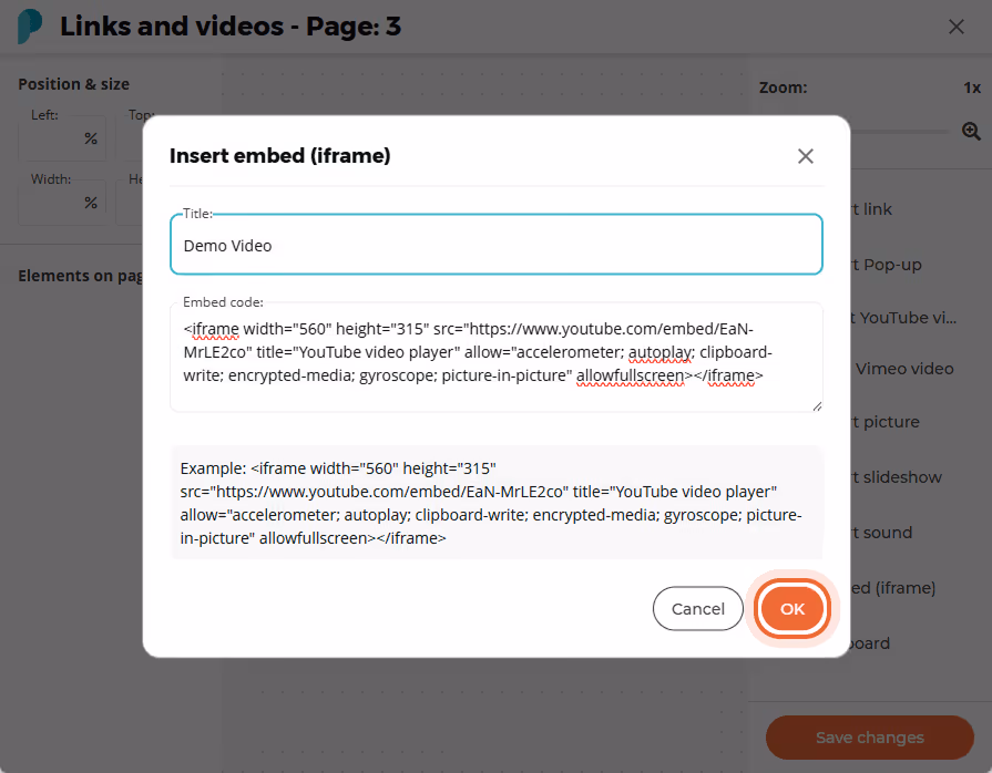 An embed code and title for a YouTube video titled “Demo Video” being added in the input fields.