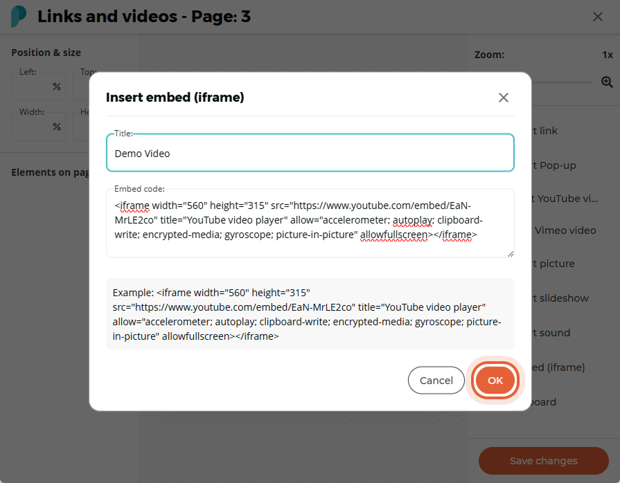 An embed code and title for a YouTube video titled “Demo Video” being added in the input fields.