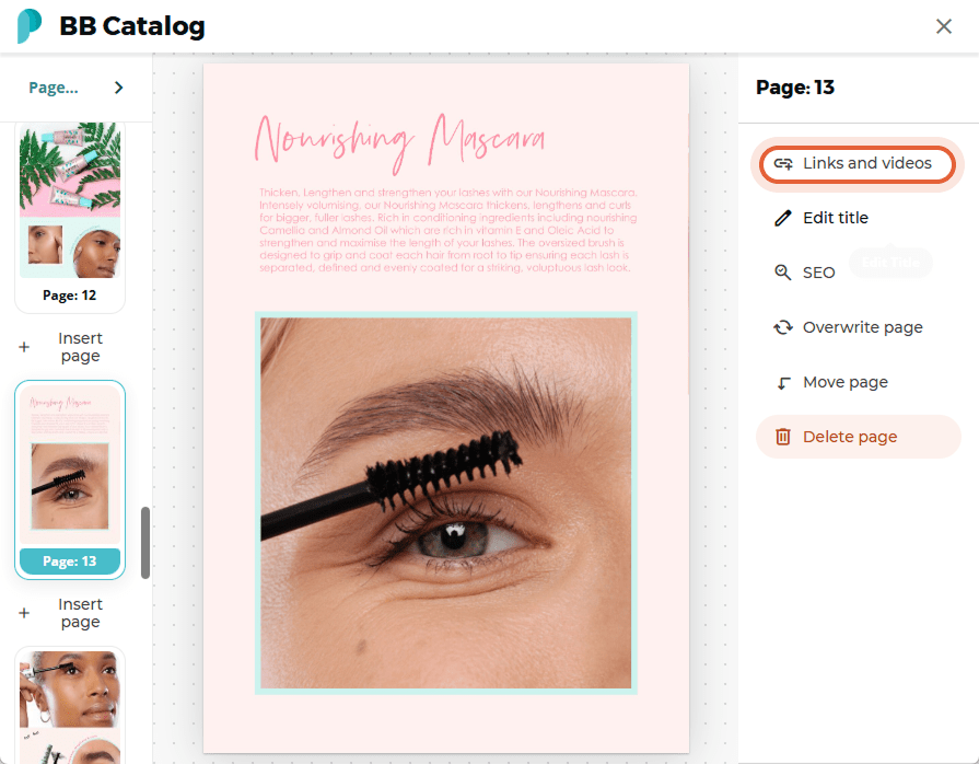 On page 13 of the BB Catalog flipbook, the “Links and videos” option is highlighted to add interacti