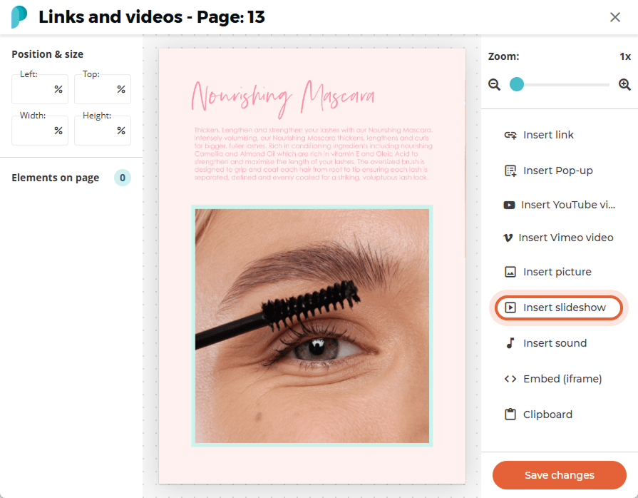 The “Insert slideshow” option is selected in the “Links and videos” panel to embed a slideshow.