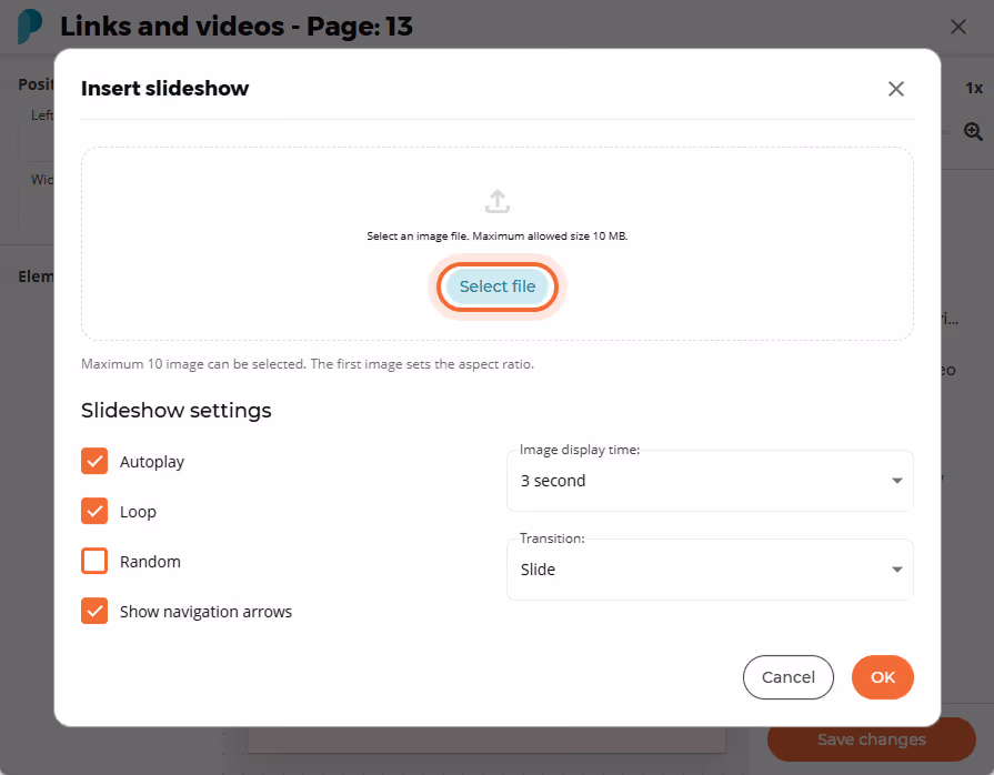 A file is being selected to upload images for the slideshow, and the slideshow settings are shown be