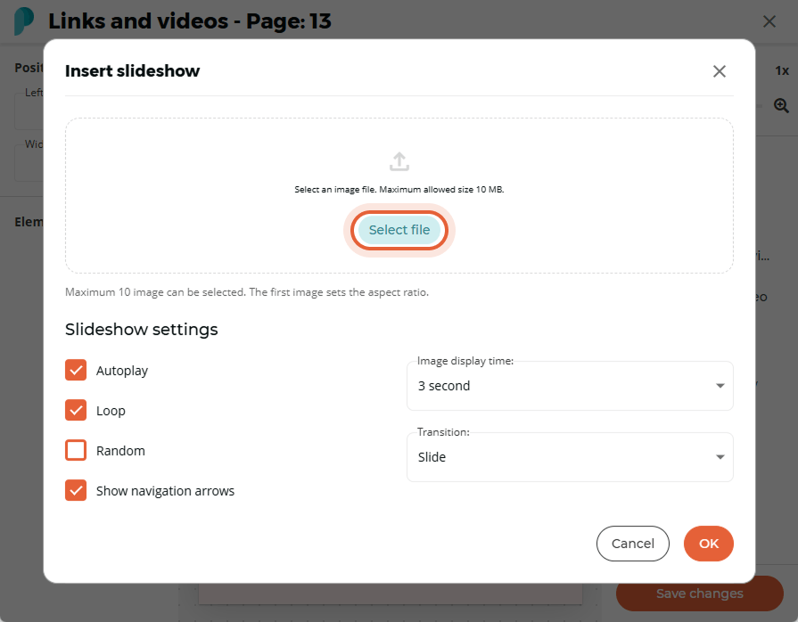 A file is being selected to upload images for the slideshow, and the slideshow settings are shown be