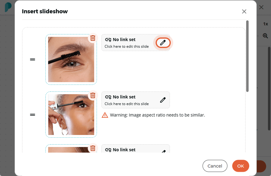 A slideshow preview with multiple slides appears; an edit icon is highlighted to edit the link on a 