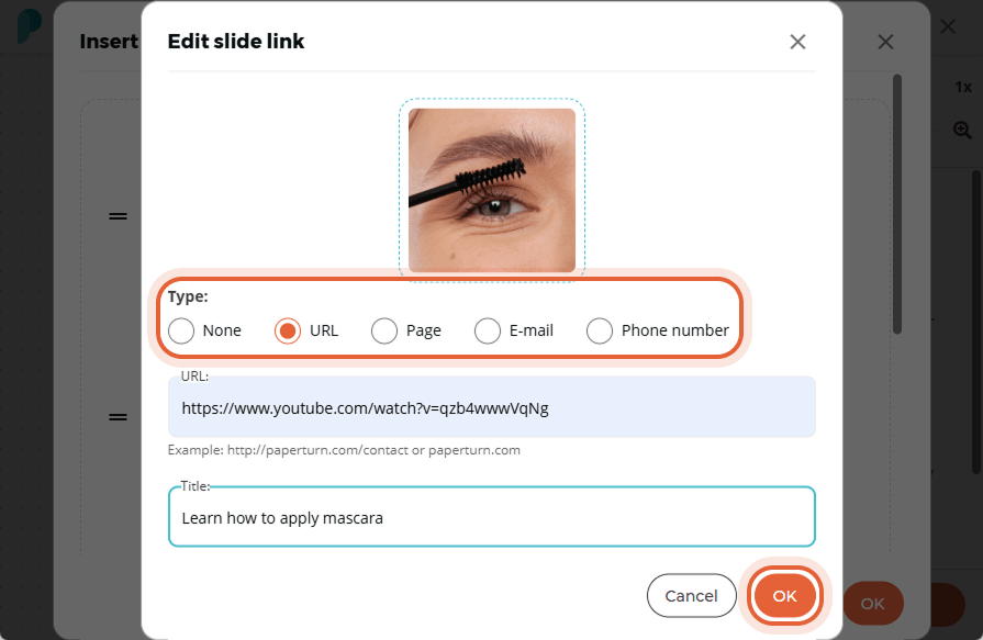 The “Edit slide link” window shows a video URL and a title “Learn how to apply mascara”.