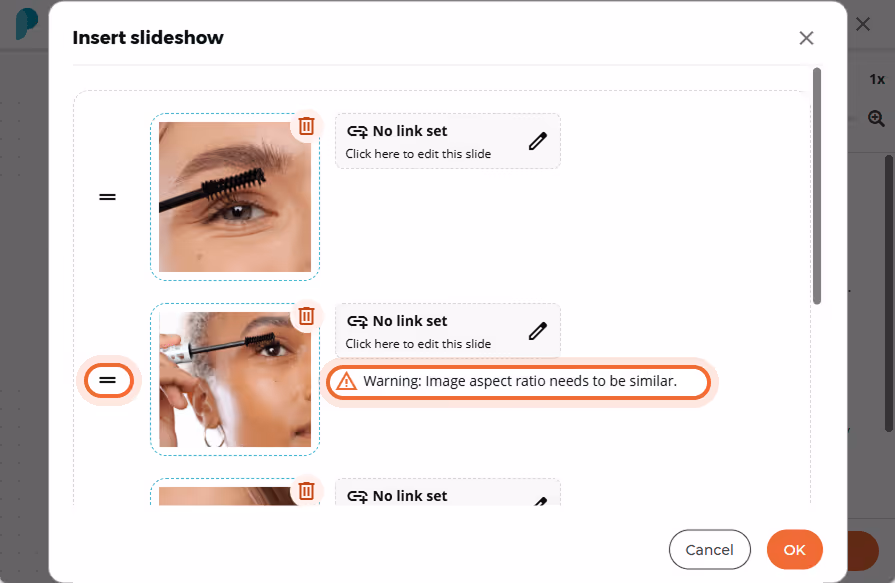 A warning message appears below the second slide indicating that the image aspect ratio needs to be 