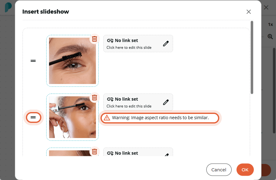 A warning message appears below the second slide indicating that the image aspect ratio needs to be 