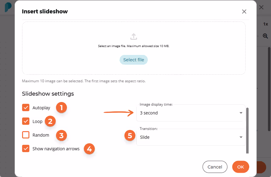 Slideshow settings show autoplay and loop enabled, with image display time set to 3 seconds and tran