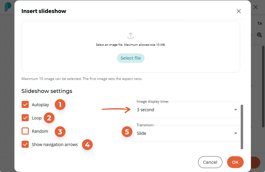 Slideshow settings show autoplay and loop enabled, with image display time set to 3 seconds and tran