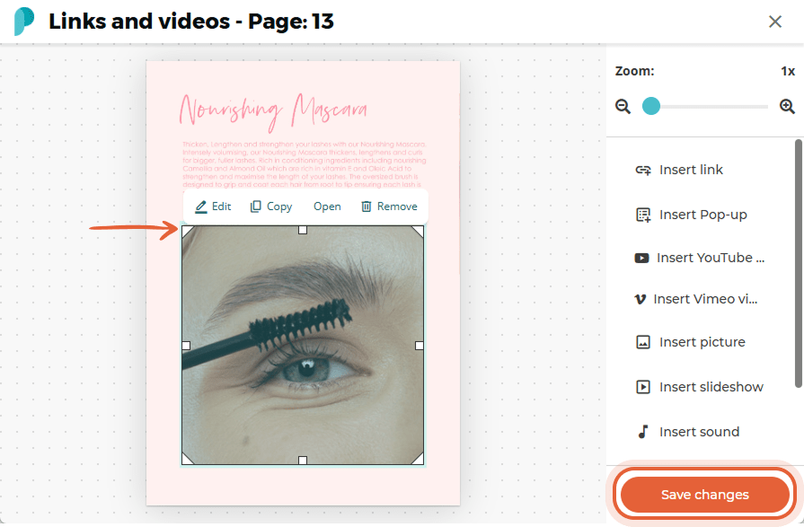Final embedded slideshow appears on the page with options to edit, copy, open, or remove the element