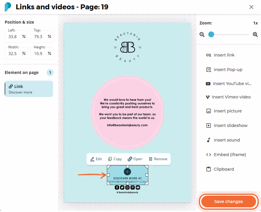 How to move and scale the link area in the flipbook in the Paperturn dashboard.