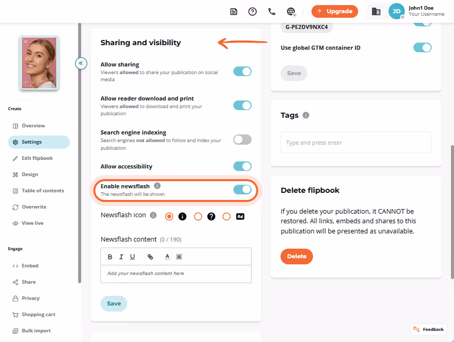 In the Sharing and visibility section, the user enables the Newsflash toggle. In the Sharing and visibility section, the user enables the Newsflash toggle.