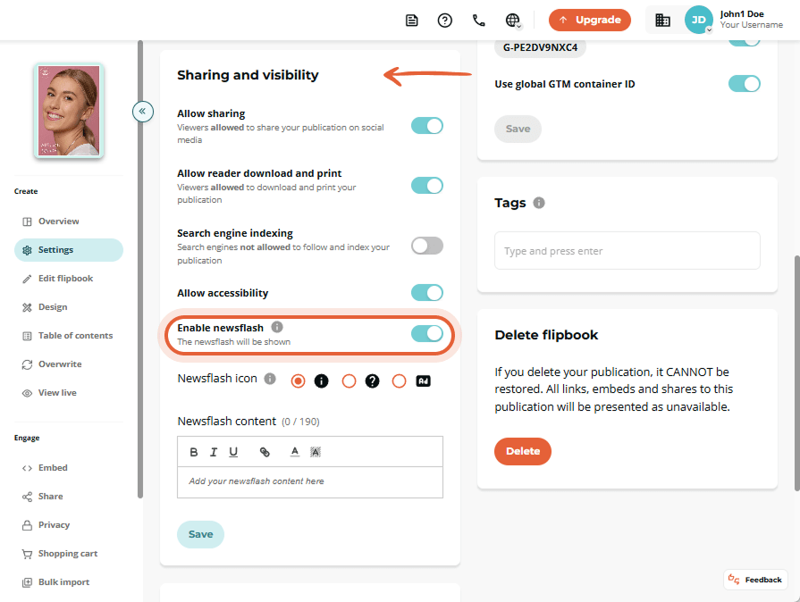 In the Sharing and visibility section, the user enables the Newsflash toggle.