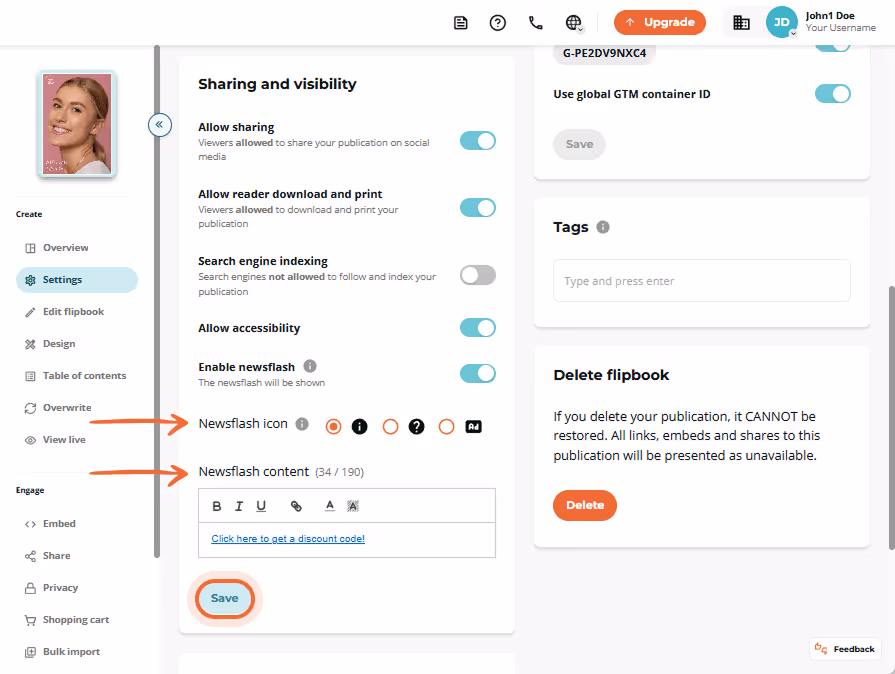 The user sets a Newsflash icon and types a discount code message, then clicks The user sets a Newsflash icon and types a discount code message, then clicks