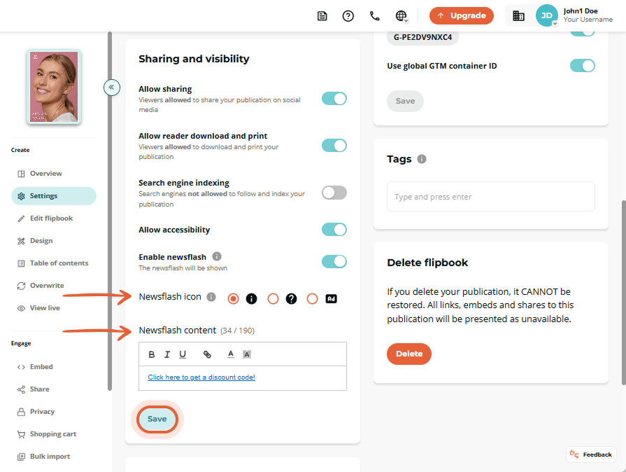 The user sets a Newsflash icon and types a discount code message, then clicks 