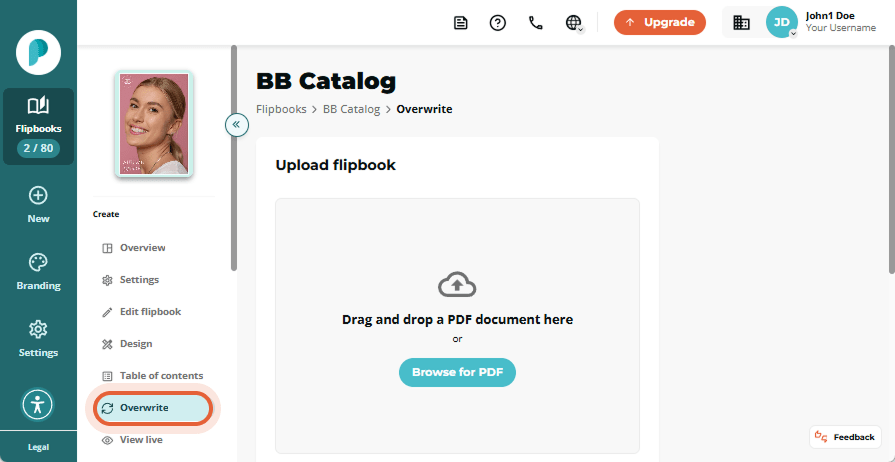 Flipbook overwrite interface showing drag-and-drop upload area and “Browse for PDF” button.