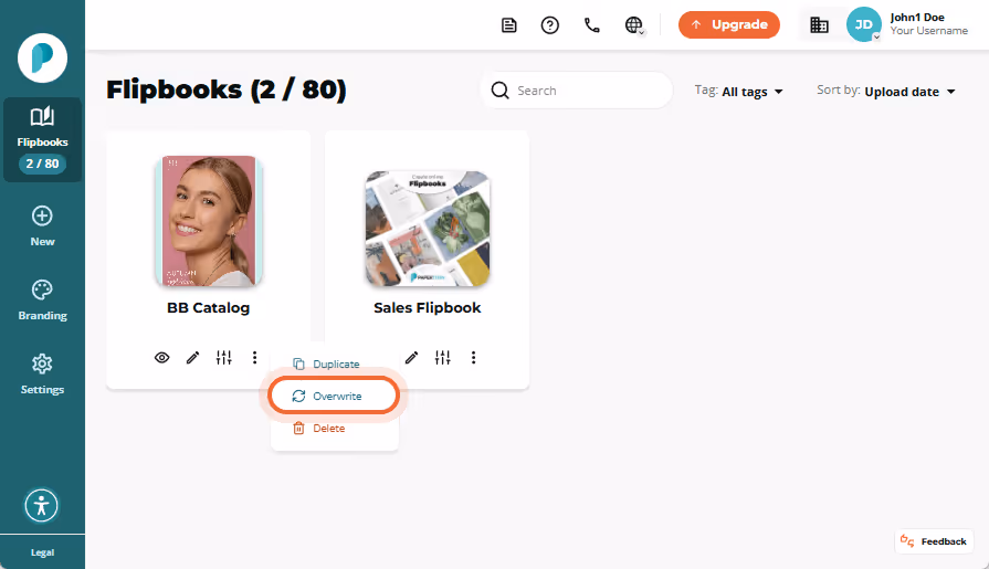 Flipbook dashboard with options menu open showing 