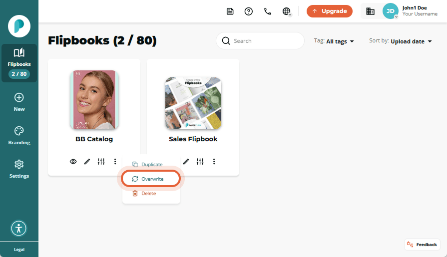 Flipbook dashboard with options menu open showing 