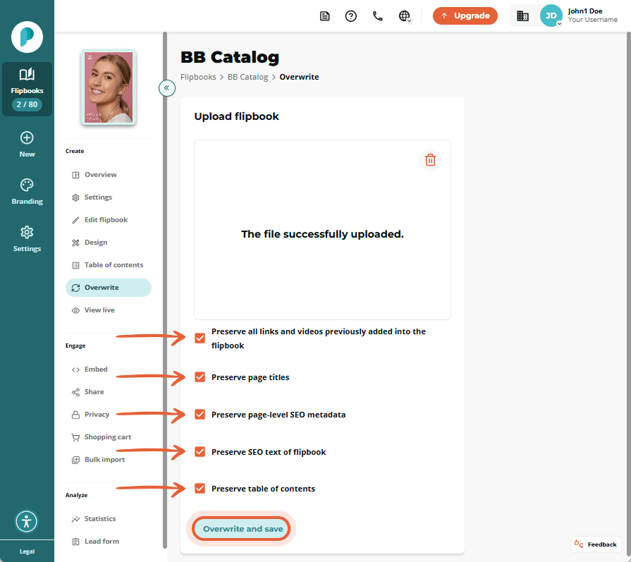 Uploaded flipbook with overwrite options selected: keep links, titles, SEO, and table of contents.