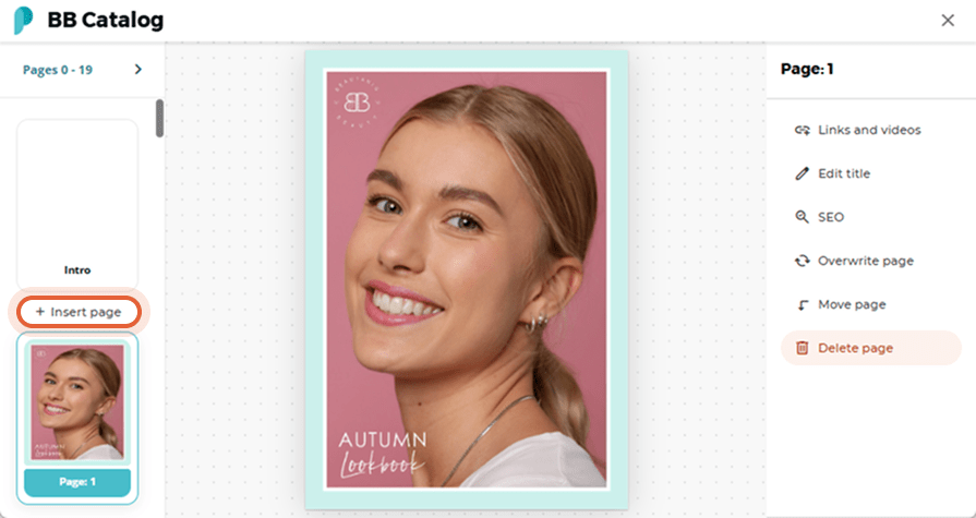 User selects “Insert page” on the left sidebar of the BB Catalog flipbook