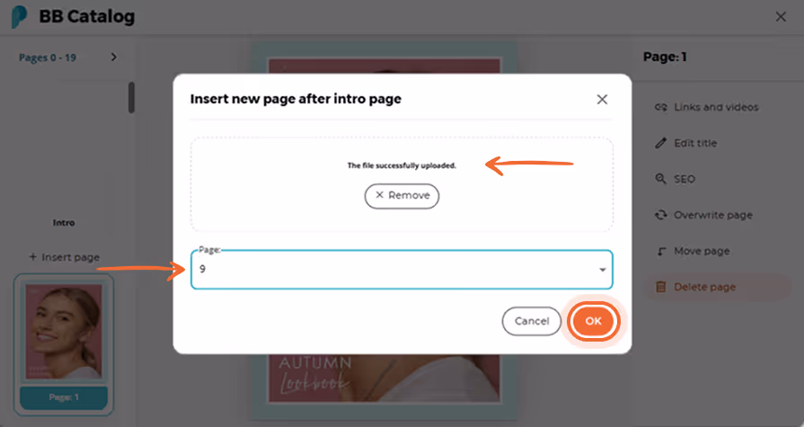 Confirmation screen appears after a new page upload, and user sets the insert location Confirmation screen appears after a new page upload, and user sets the insert location