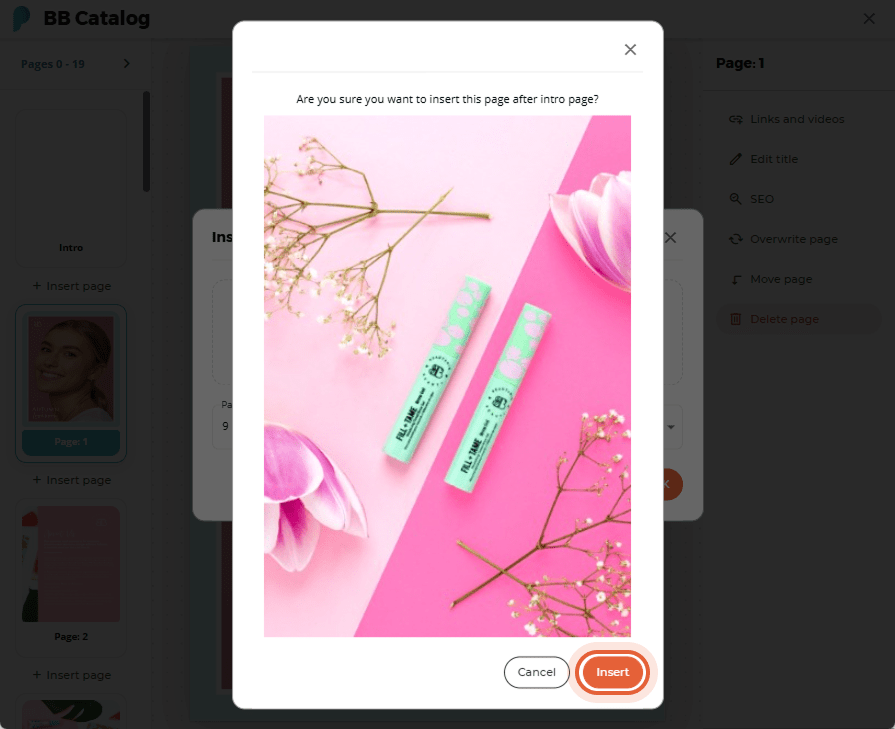 User previews the newly inserted page with BB products on a pink background