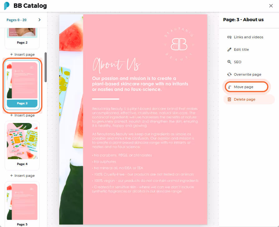 “About us” page is selected and the user clicks “Move page” “About us” page is selected and the user clicks “Move page”