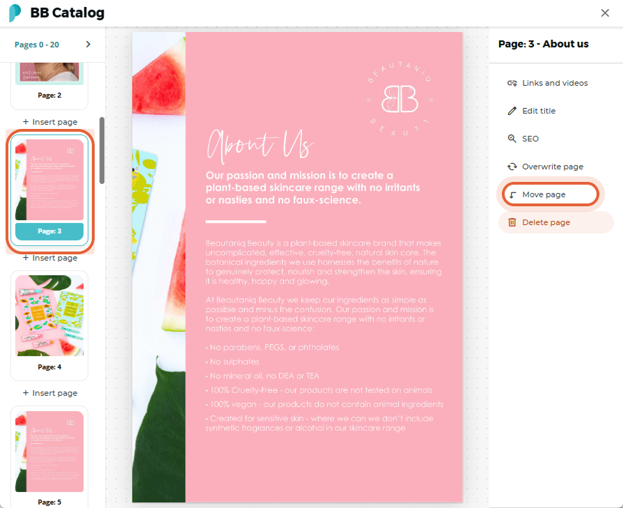 “About us” page is selected and the user clicks “Move page”