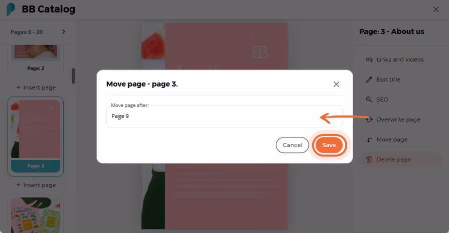 User sets the new page position after page 9 and saves changes User sets the new page position after page 9 and saves changes