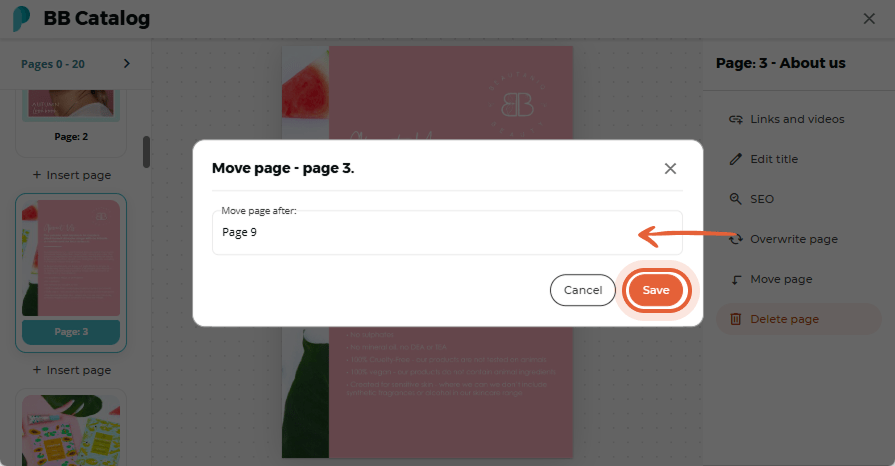 User sets the new page position after page 9 and saves changes