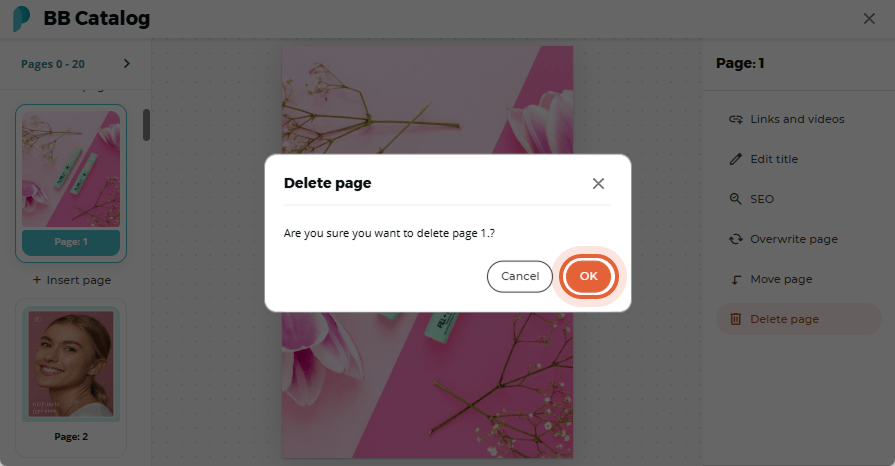 User confirms deletion of page 1 with product image