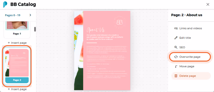 Overwrite page button selected on the right panel. Overwrite page button selected on the right panel.