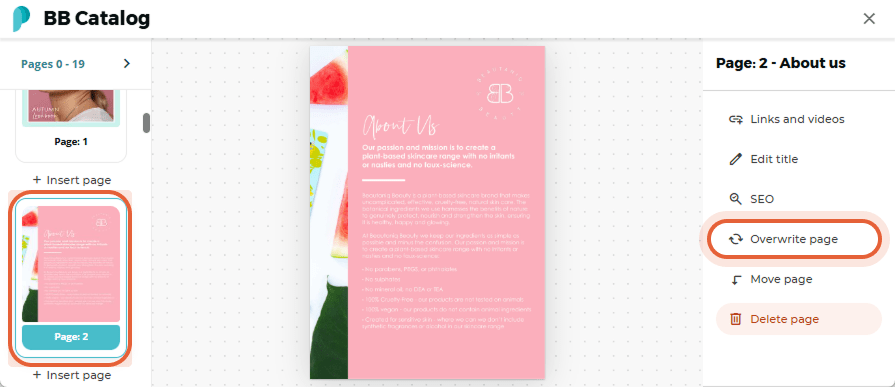 Overwrite page button selected on the right panel.