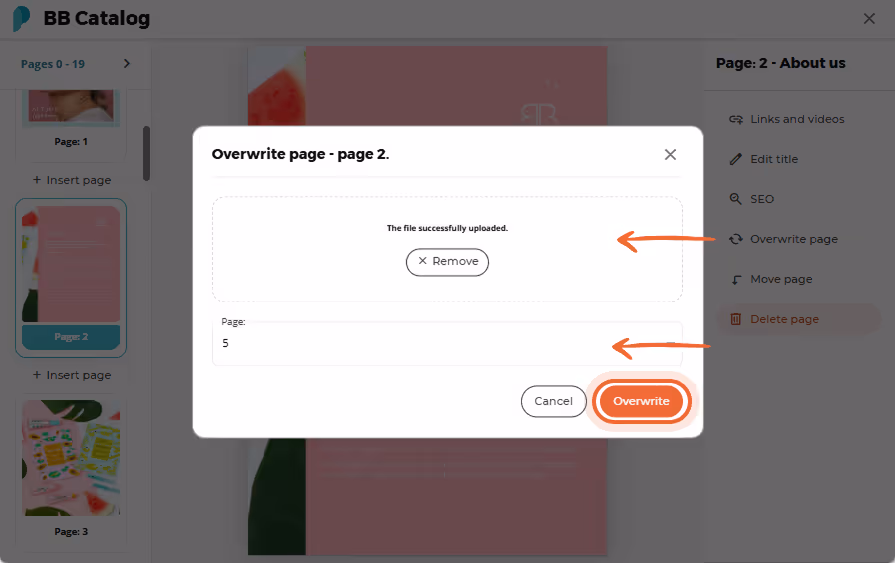 Page number entered and overwrite confirmation button highlighted. Page number entered and overwrite confirmation button highlighted.