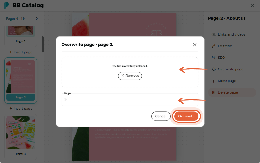 Page number entered and overwrite confirmation button highlighted.