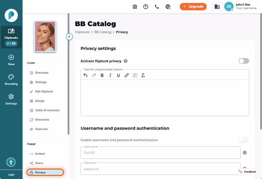 Privacy settings page of the BB Catalog flipbook with all options deactivated, including flipbook pr