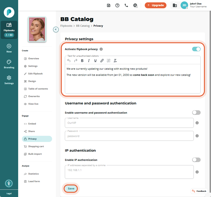 Activated flipbook privacy settings for BB Catalog with a custom message about an update and availab