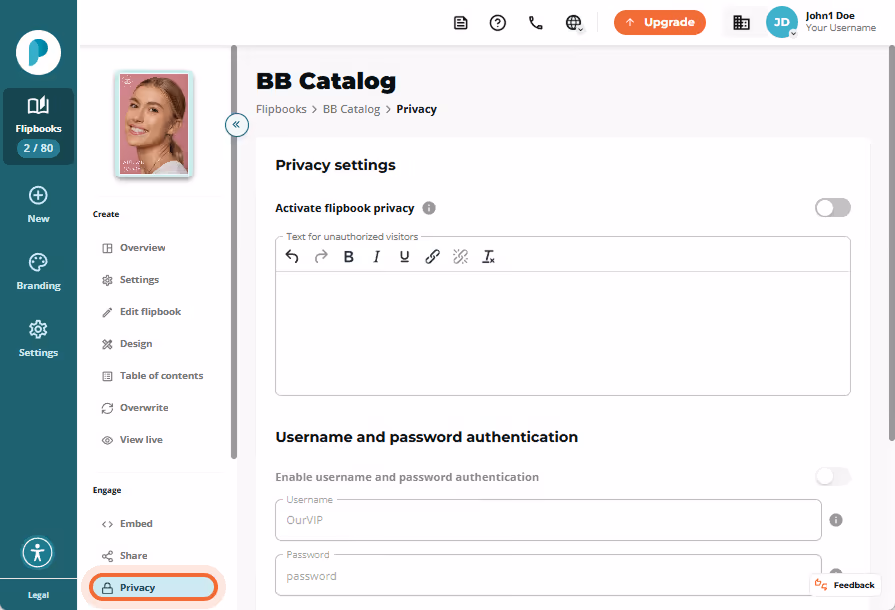Privacy settings page with all fields empty and no privacy or authentication enabled; sidebar menu h
