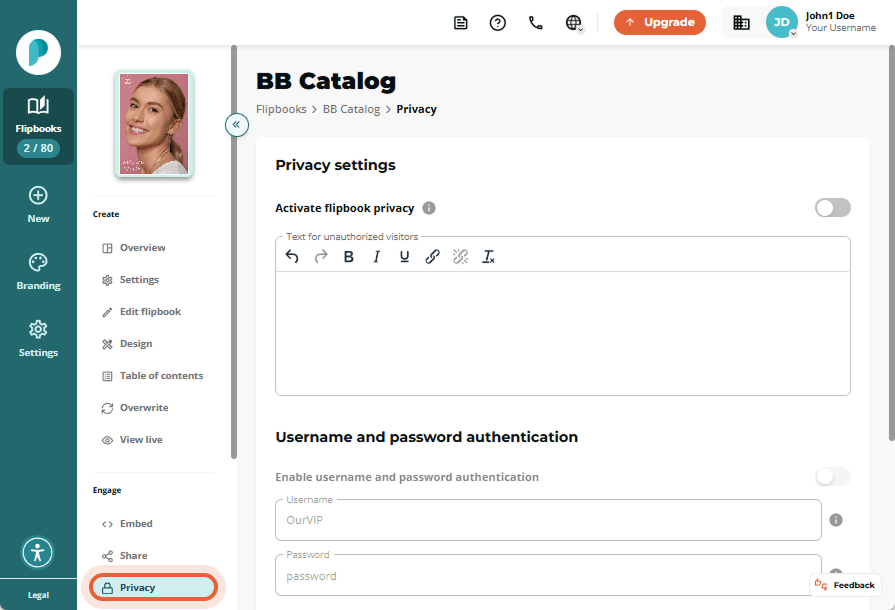 Privacy settings page with all fields empty and no privacy or authentication enabled; sidebar menu h