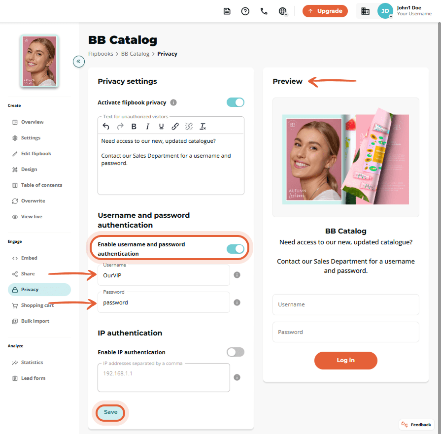 Privacy settings page with privacy and username/password authentication enabled, previewing the mess