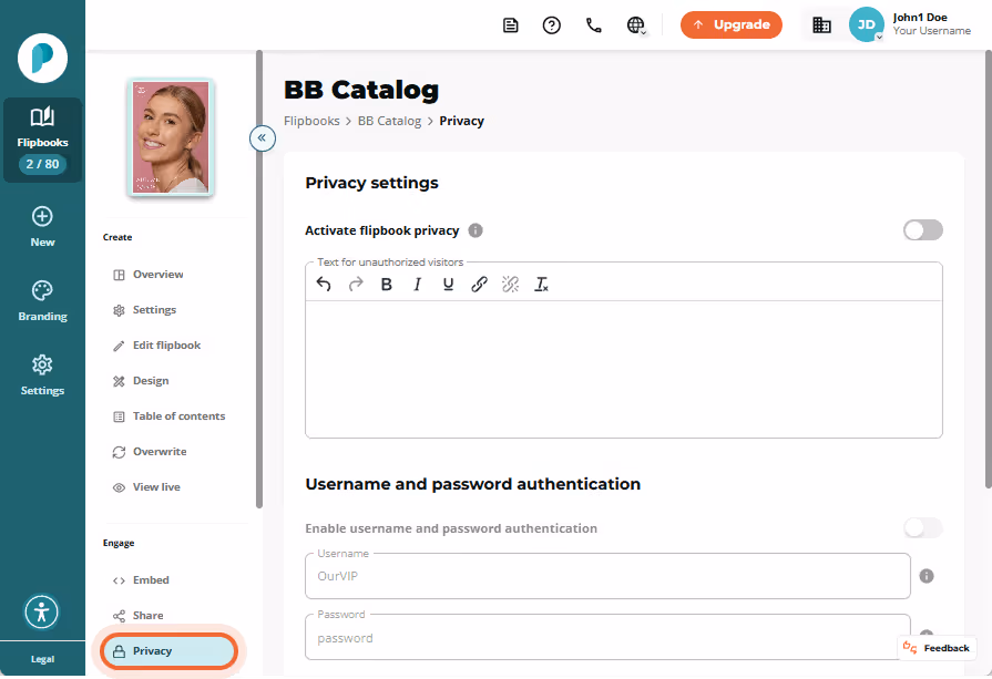 Privacy settings with username/password and IP authentication options visible