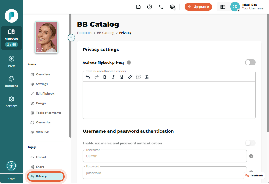 Privacy settings with username/password and IP authentication options visible